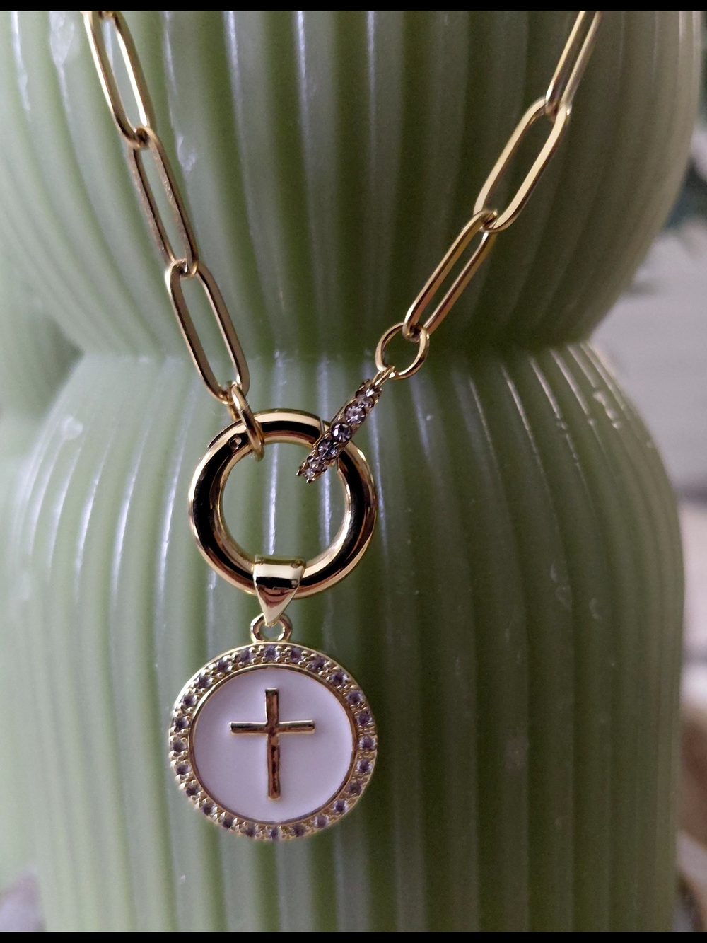 Gold-Tone Cross Pendant Necklace with White Enamel Medallion